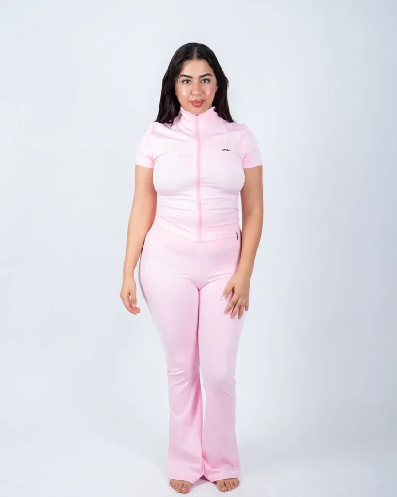 Pink Zip Top and Flare Pants Set by Chai Nest